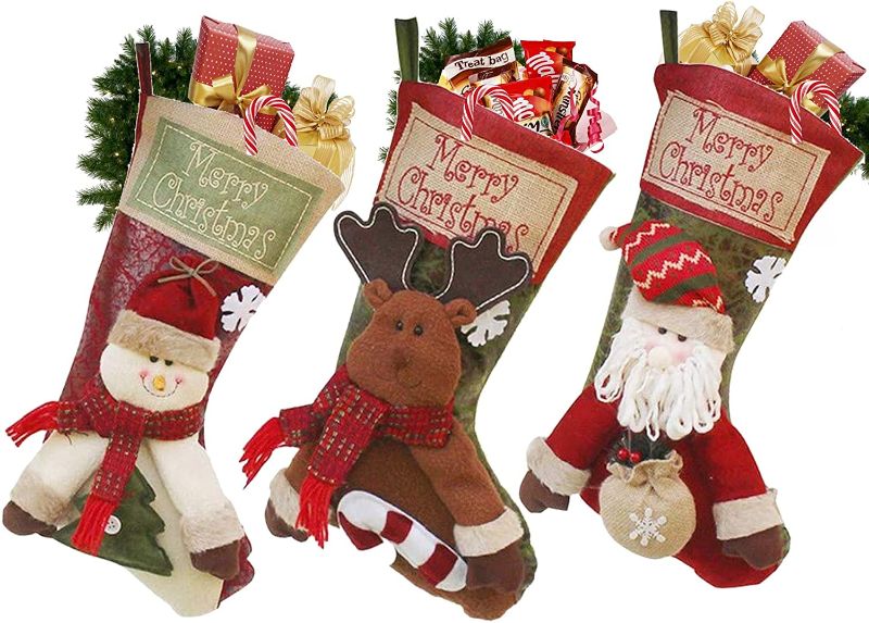 Photo 1 of Al Faro Home Family Stockings for Christmas 3 Pack, Xmas Stocking Gift Bag for Christmas Fireplace Decorations and Treats for Kids and Adults, Ivory, Burgundy, Green, xsSocks5
