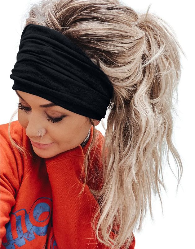 Photo 1 of Wide Headbands for Women Self Tie 6" Wide Headscarf Large Head Wrap Yoga Running Workout Headband (Black)
