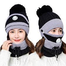 Photo 1 of Womens Pom Beanie Hat with Scarf and Mask Cover Set, Girls Warm Knitted Winter Beanie for with Fleece Lined
