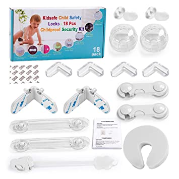 Photo 1 of Kidsafe Child Safety Locks - 18 Pcs Childproof Security Kit, 3M Adhesive (No Drilling) for Cabinets, Fridge, Drawers, Toilet, Stove, Corner Guards, Electric Socket, Door
