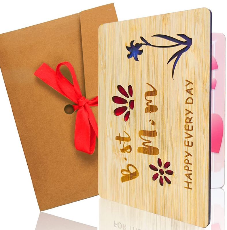 Photo 1 of ABETER Mothers Day Card Bamboo Wooden Greeting Cards, Mom Gifts from Daughters, Son, Keepsake Happy Birthday Or Anniversary Card Size 4.2 x 6 Inch
