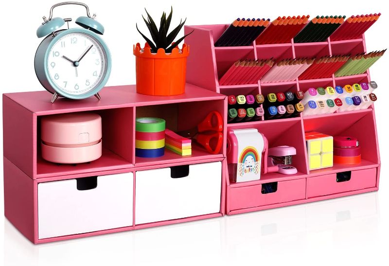 Photo 1 of Pink Desk Organizer and Accessories with 4 Drawers & 16 Compartments Twice Capacity - Art Supply Organizer for Home, School, Office Supplies, FSC Certified Cardboard, DIY Project, Easy Assembly
