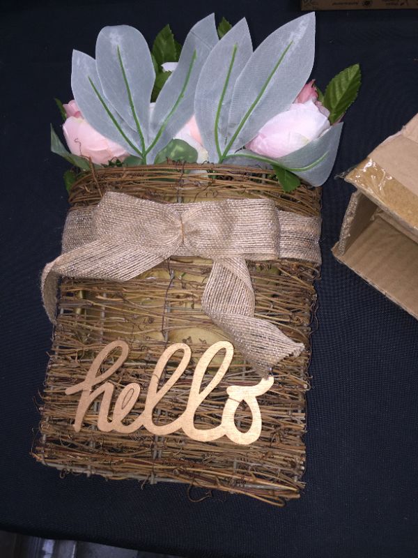 Photo 3 of Hello Sign Rose Basket Wall Decor, Rustic Wooden Welcome sign Front Door Wreath with Rose/Bow, for Home Wall Porch Farmhouse Spring Summer Holiday Decor, Indoor/Outdoor 16 X 8.75" .
