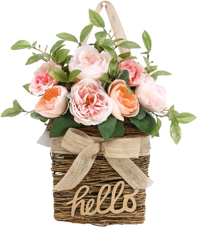 Photo 1 of Hello Sign Rose Basket Wall Decor, Rustic Wooden Welcome sign Front Door Wreath with Rose/Bow, for Home Wall Porch Farmhouse Spring Summer Holiday Decor, Indoor/Outdoor 16 X 8.75" .
