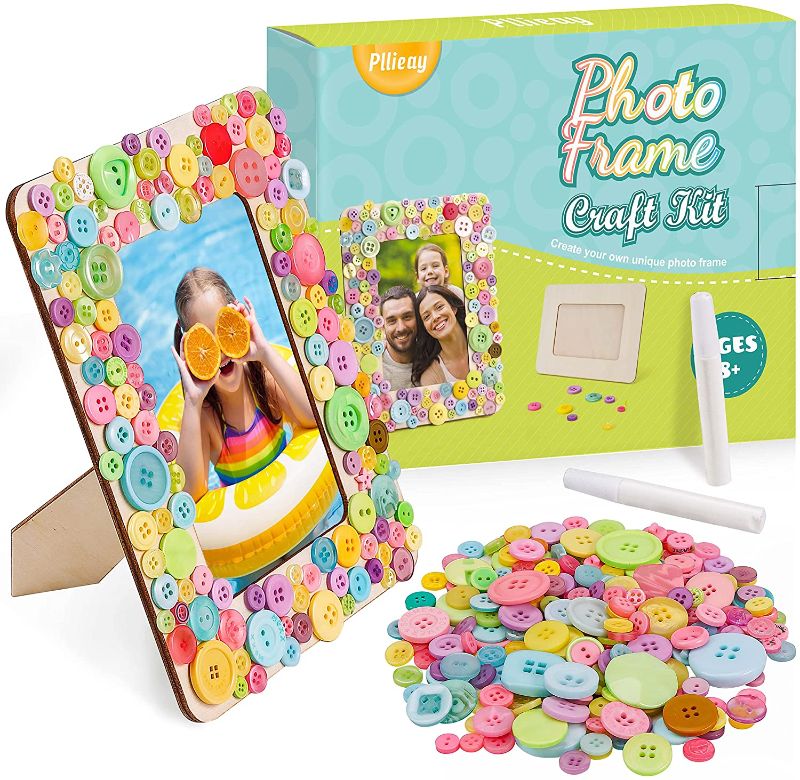 Photo 1 of Pllieay DIY Picture Frame Craft for Children, Unfinished Photo Frame Craft Kit for Kids Birthday Festival Gifts, Include Multiple Color Assorted Sizes Round Resin Buttons
