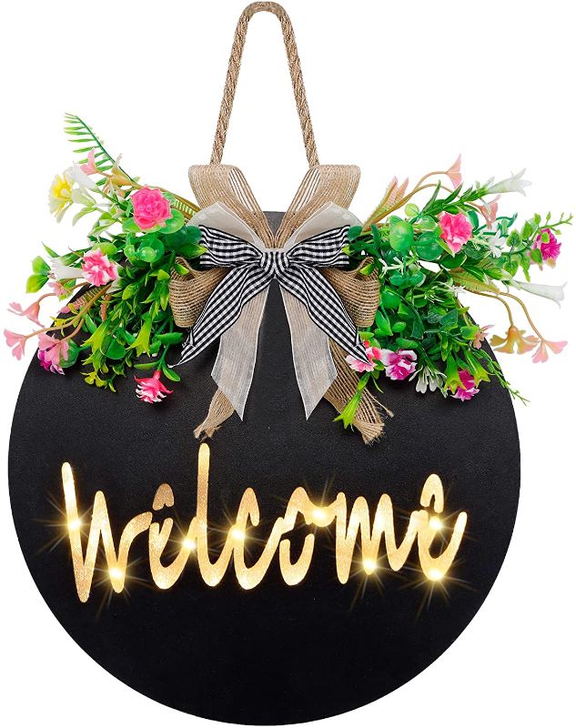 Photo 1 of Cllayees Luminous Welcome Sign Wooden Hanging Door, Porch Spring Hello Garland, Christmas Dining Room Home Outdoor Decor (Black)
