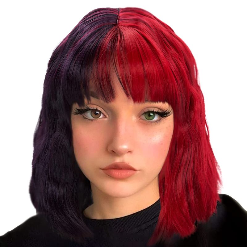 Photo 1 of STfantasy Red and Dark Purple Bob Wig with Bangs Short Curly Wigs for Women Wavy Shoulder Length Highlight Color Synthetic Hair for Lady Costume Cosplay Daily
