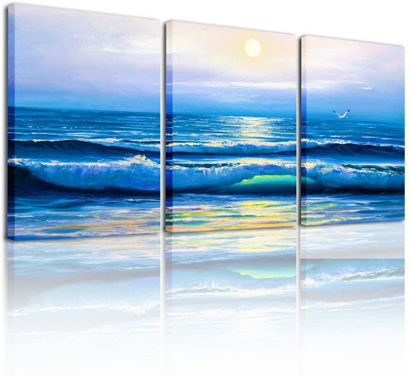 Photo 1 of Canvas Wall Art for Living Room-Wall Decor for Office- Canvas Wall Pictures Artwork Modern bedroom room decor Blue ocean waves Canvas art Prints-12"x16" 3 Piece Framed HD Home Kitchen wall painting
