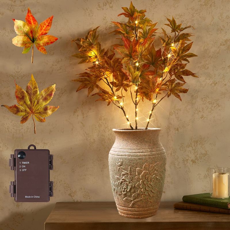 Photo 1 of Fudios Lighted Maple Leaf Branches with Timer 25in 24 LED for Fall Thanksgiving Decoration, Artificial Willow Twig Branch Lights with Leaves Battery Operated Autumn Christmas Home Decor
