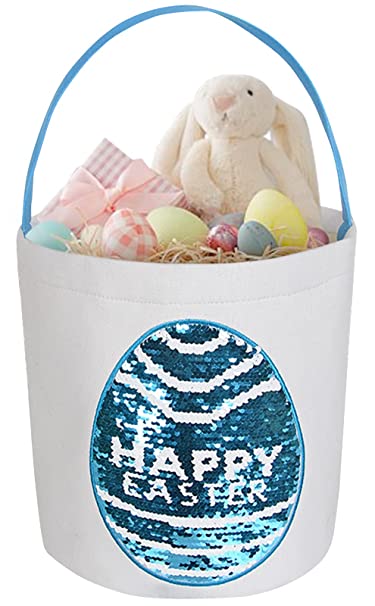 Photo 1 of Easter Bunny Basket - Reversible Sequin of Easter Eggs Hunt Bag, Canvas Cotton Carrying Gift, Storage Candy Gifts for Easter Party
