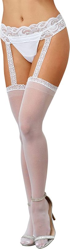 Photo 1 of Dreamgirl Women's Verona Hosiery Garter with Attached Thigh Highs, White, One Size
