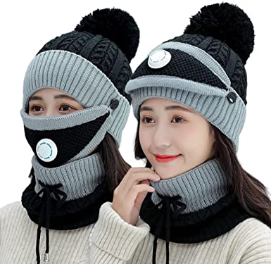 Photo 1 of Pom Beanie Hat with Scarf and Mask Cover Set for Women Grils