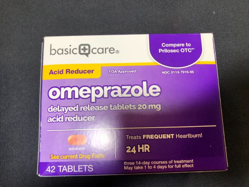 Photo 2 of Basic Care Omeprazole Delayed Release Tablets 20 mg, Acid Reducer, 42 Count--expires Sep 2022
