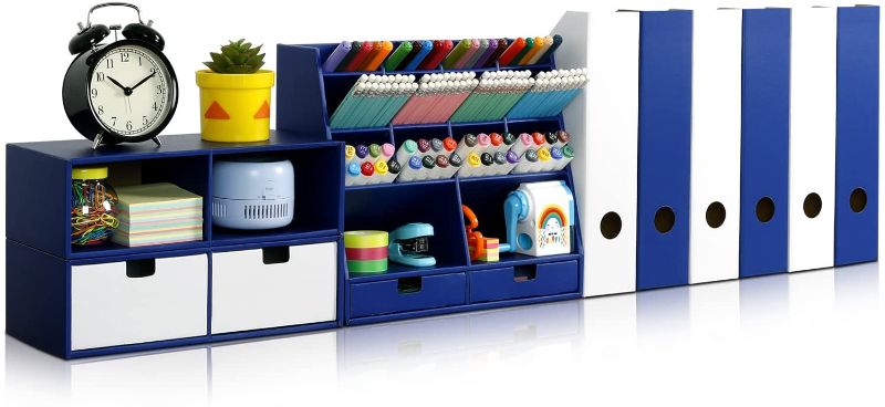 Photo 1 of Desk Organizer Set with 6 Magazine File Holder Organizer 4 Drawers & 16 Compartments - Huge Capacity Pen Holder for Home, School, Office Supplies, FSC Certified Cardboard, DIY Project, Blue
