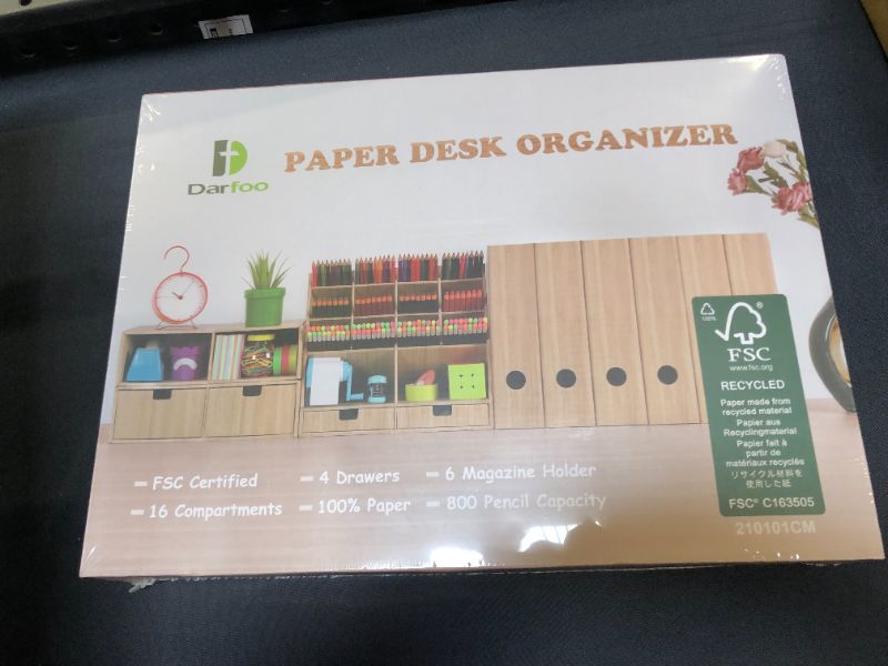 Photo 2 of Desk Organizer Set with 6 Magazine File Holder Organizer 4 Drawers & 16 Compartments - Huge Capacity Pen organizer for Home, School, Office Supplies, FSC Certified Cardboard, DIY Project, Wood Color

