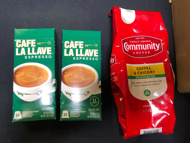 Photo 1 of Community Coffee Coffee and Chicory Medium-Dark Roast Decaf Ground Coffee, 12 Ounce Bag--bb May 2022 with Cafe La Llave Nespresso coffee Capsules, Intensity 11 Compatible with Nespresso OriginalLine Machines (10 Count)--bb Jan 2022

