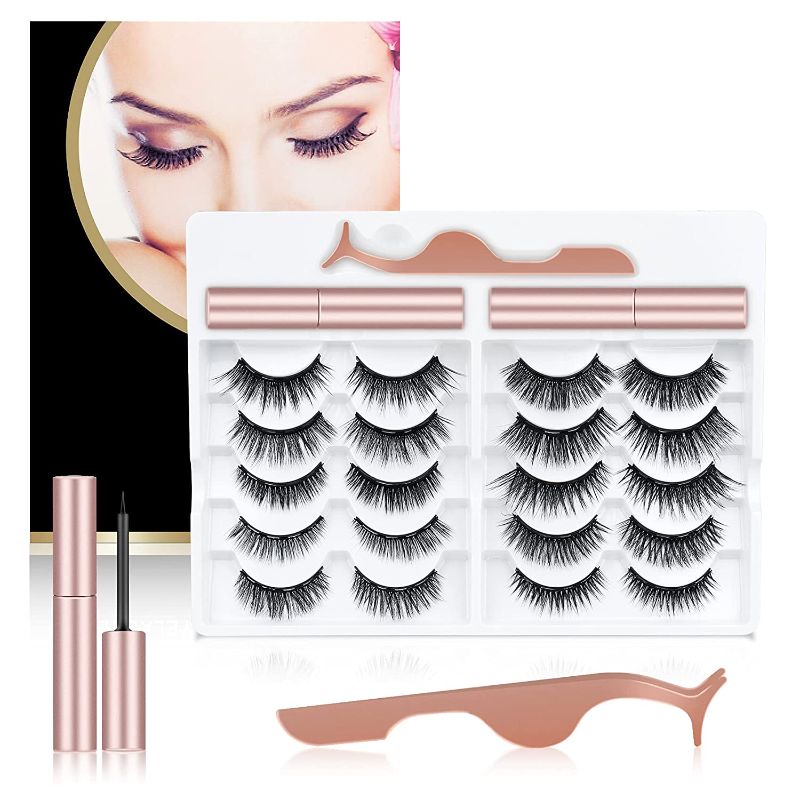 Photo 1 of 10 Pairs of Reusable 3D & 5D False Eyelashes, 2 Waterproof Magnetic Liquid Eyeliners, Natural-Looking Make up Eyelash Extension Magnetic Eyelashes Kit, With Tweezers (no glue needed)