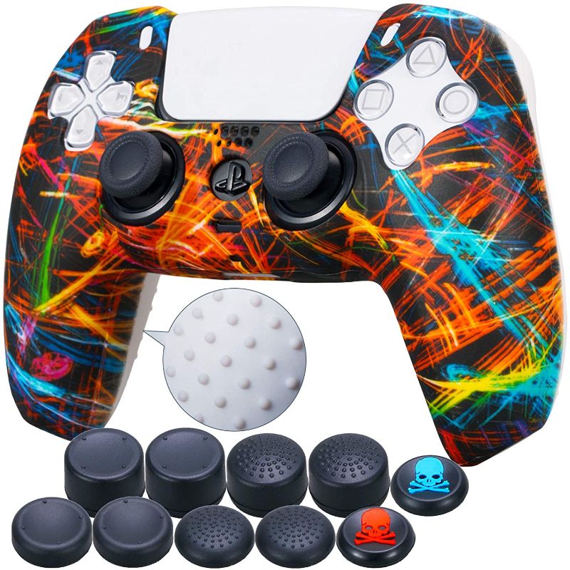 Photo 1 of 9CDeer 1 Piece of Silicone Transfer Print Protective Cover Skin + 10 Thumb Grips for Playstation 5 / PS5 / Dualsense Controller Black Stream
