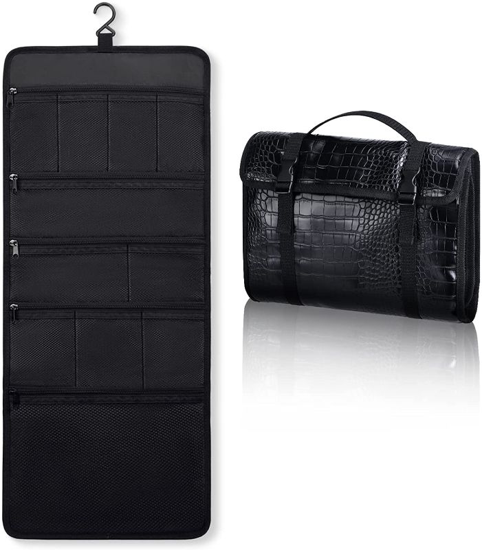 Photo 1 of Portable Waterproof Crocodile Pattern Leather Hanging Travel Toiletry Cosmetic Bag for Women and Men, Black.
