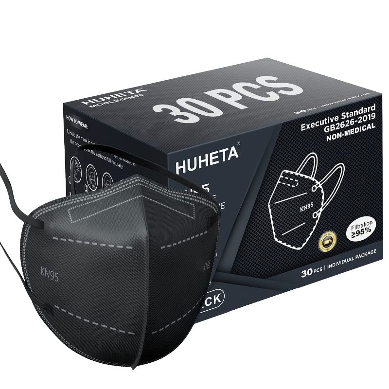 Photo 1 of HUHETA KN95 Face Masks, Packs of 30 Individually Wrapped, 5-Ply Breathable and Comfortable Safety Mask, Filter Efficiency Over 95%, Protective Cup Dust Masks Against PM2.5 (Black Mask)
