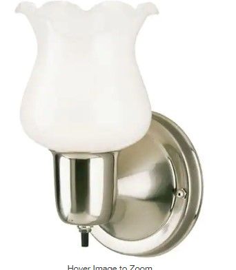 Photo 1 of 1-Light Brushed Nickel Interior Wall Fixture with On/Off Switch and White Opal Glass
