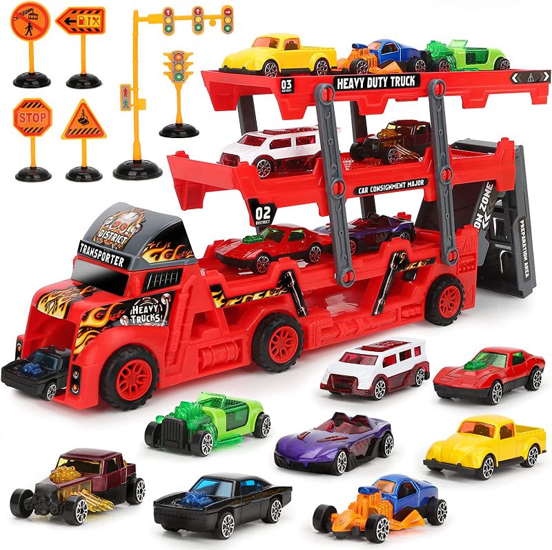 Photo 1 of Dreamon Transport Car Carrier Truck Toy for Boys and Girls,15 Pcs Hauler Truck with Car Toys and Road Sings,Car Launcher Birthday Gift for Kids Ages 3 4 5 Years Old(red)