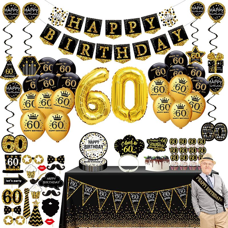 Photo 1 of 60th birthday decorations for men women - (76pack) black gold party Banner, Pennant, Hanging Swirl, birthday balloons, Tablecloths, cupcake Topper, Crown, plates, Photo Props, Sash for gifts