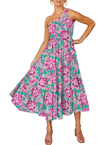 Photo 1 of ANRABESS Women’s Boho Summer Printed One Shoulder Sleeveless Smocked Flowy Tiered Beach Party Maxi Dress, Medium