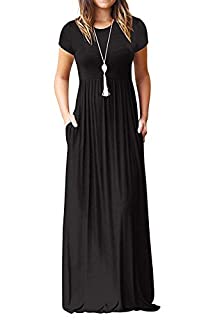 Photo 1 of AUSELILY Women's Solid Plain Short Sleeve Round Neck Maxi Casual Long Dresses Black X-Large (B0793MYQVY)
