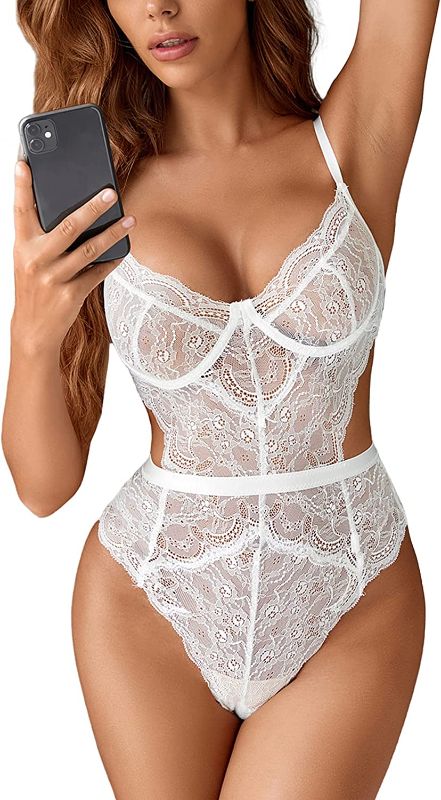 Photo 1 of Aranmei Women Sexy Lingerie Bodysuit Lace Teddy Snap Crotch V Neck Cut Out One Piece Babydoll Underwire (SIZE XXL) 
