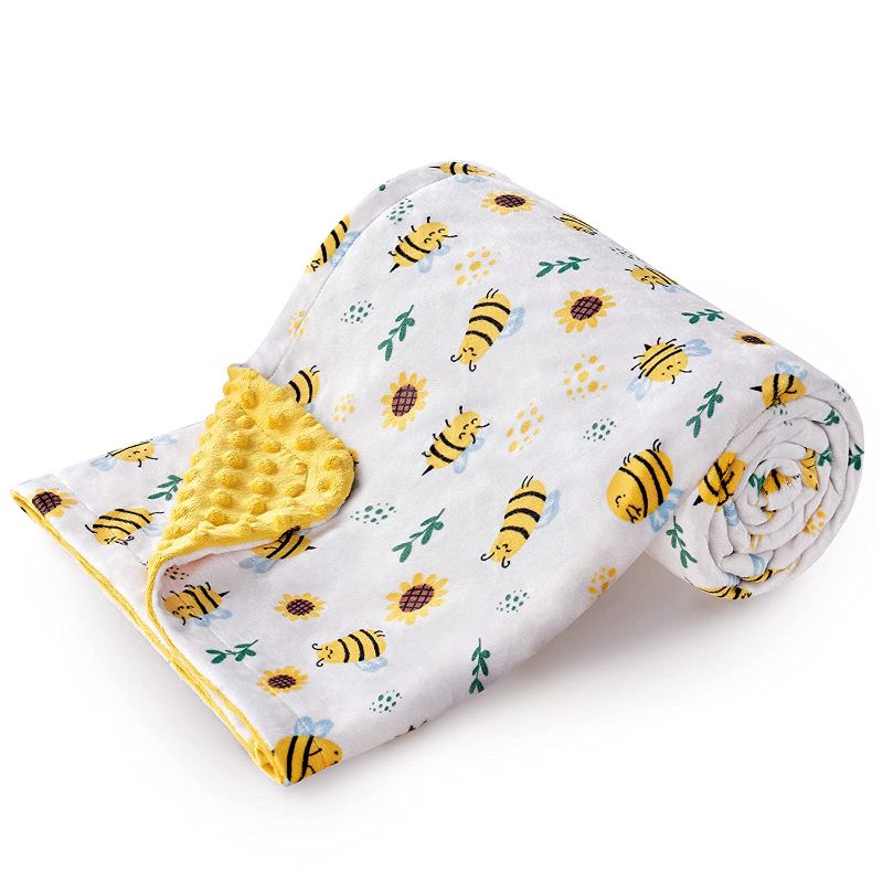 Photo 1 of DaysU Minky Baby Blanket, Silky Soft Micro Fleece Baby Blanket with Dotted Backing, Printed Animal Bed Throws for Boys and Girls, Bee, Yellow, 30x40 Inches
