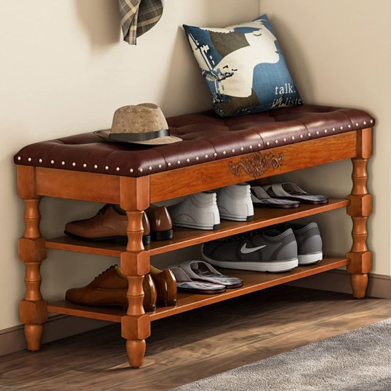 Photo 1 of 2-Tier Vintage Shoe Rack with Seating Tufted Leather Cushion for Foyer