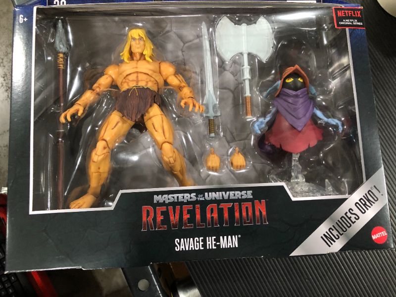 Photo 2 of Masters of the Universe Masterverse Revelation Savage He-Man Action Figure with 30+ Articulated Joints, 3 Weapons, Harness & Orko Figure with ‘Floating’ Base, 7-inch Motu Collectible Gift