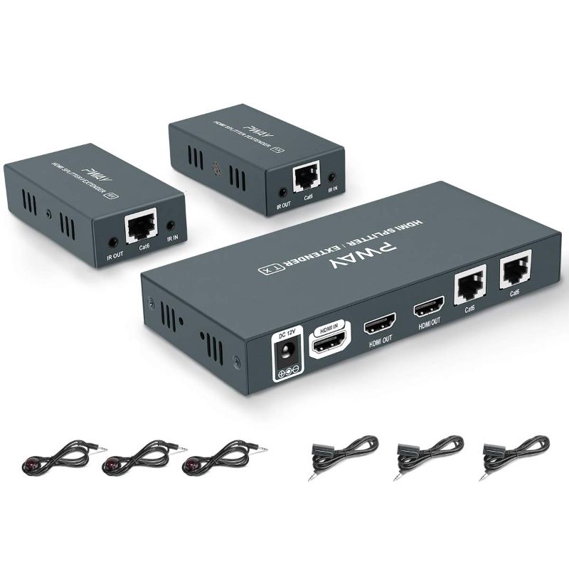 Photo 1 of HDMI Extender Splitter 1x2 1080p Over Cat5e/Cat6/Cat7 Ethernet Cable with 2 HDMI Loop Out - Up to 50m/165ft - EDID Management & Bi-Directional IR Remote Control & POC Function (1 in 2 Out / 2-Port)
