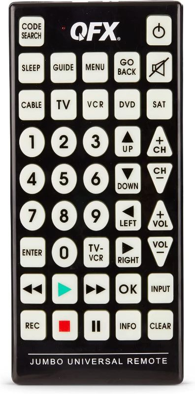 Photo 1 of QFX REM-115 Jumbo 8-Device Universal Remote for RCA, Sony, Philips, Samsung, GE, LG, Panasonic, Sharp, Toshiba and Other Brand Devices with Code Pairing, Sleep Timer, Glow-in-The-Dark Buttons
