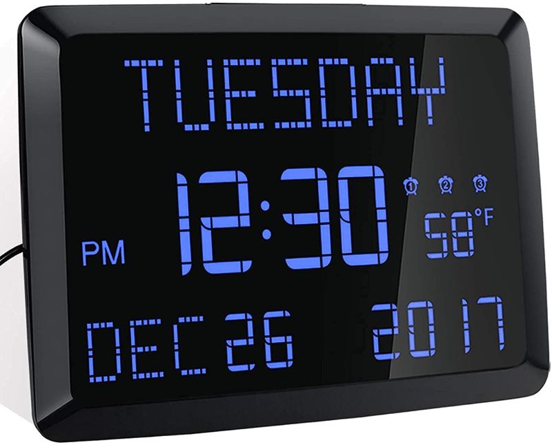 Photo 1 of Digital Wall Clock, 11.5" Extra Large Display Calendar Alarm Day Clock with Date and Day of Week, Temperature, USB Charger & 3 Alarms, LED Desk Clock for Office,Living Room,Bedroom,Elderly
