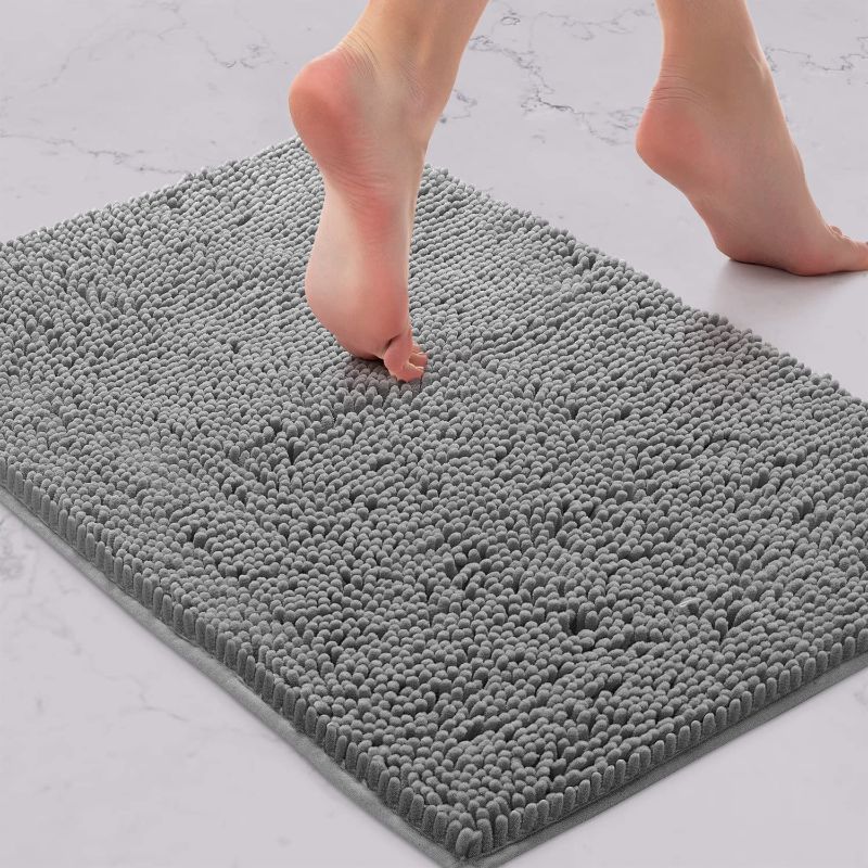 Photo 1 of Bath Mat by LuxUrux Extra-Soft Plush Non-Slip Bath Mat, Luxury Chenille Microfiber Material, Super Absorbent Shaggy Bath Rug. Machine Wash & Dry (15 x 23, Light Grey)
