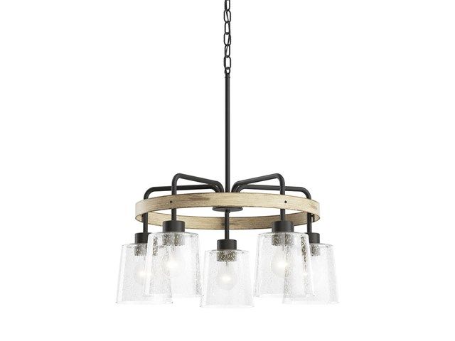 Photo 1 of Bolson 5-Light Black with Distressed Antique White Accent Chandelier with Clear Seeded Glass Shades
