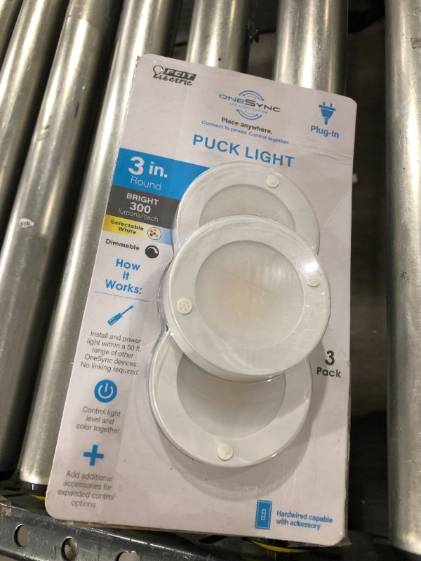 Photo 2 of 3 in. Plug-in White Linkable Onesync Under Cabinet Integrated LED Puck Light with Color Changing CCT (3-Pack)
