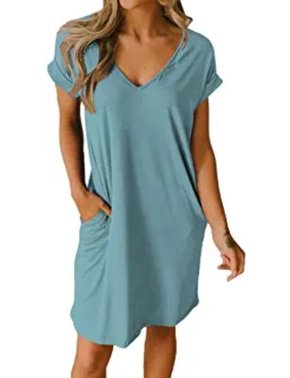 Photo 1 of BTFBM Women V-Neck Short Sleeve Dresses Solid Color Casual Loose Fit T-Shirt Tunic Short Dress Pajamas with Pockets
LARGE 