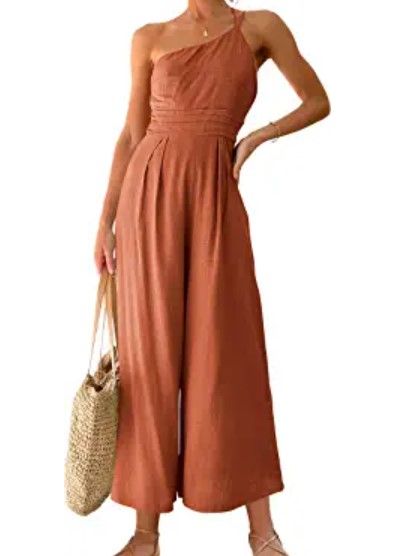 Photo 1 of Caracilia Women's Summer Wide Leg Dressy One Shoulder Straps Pleated High Waist Jumpsuit Romper with Pockets
SIZE M 