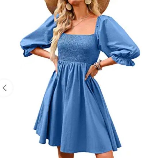 Photo 1 of ANRABESS Womens 3/4 Puff Sleeve Square Neck Smocked Babydoll Dress Cute A Line Flowy Short Mini Dress
M 