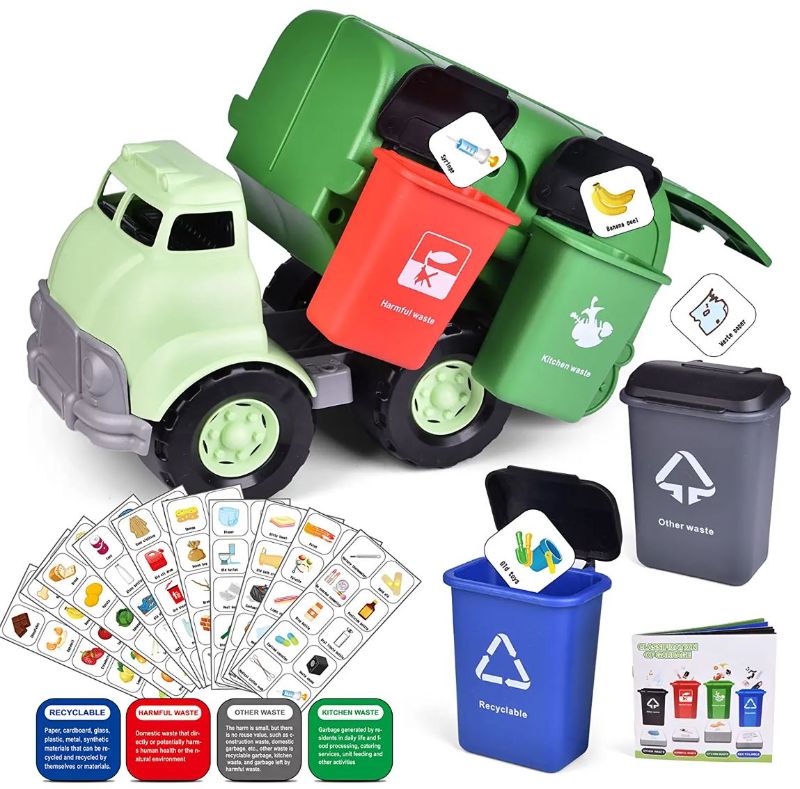 Photo 1 of FUN LITTLE TOYS Garbage Truck Toy with 4 Rear Loader Trash Cans and Garbage Illustrated Flash Cards, Waste Management Recycling Truck Toy for Kids
