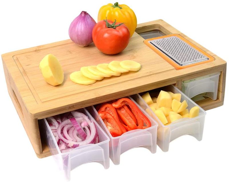 Photo 1 of Bamboo Cutting Board with Containers, Lids, and Graters, Large Wood Chopping Board with Stackable Trays, Vegetable Shredders, and Food Dropping Zone, Carving Board with Easy-grip Handle, Juice Groove
