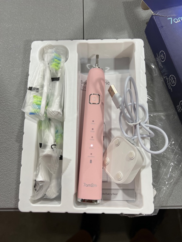 Photo 2 of 7AM2M Sonic Electric Toothbrush for Adults and Kids, Mothers Day Gifts from Daughter with 6 Brush Heads, 5 Modes with 2 Minutes Build in Smart Timer, Roman Column Handle Design (Pink)
