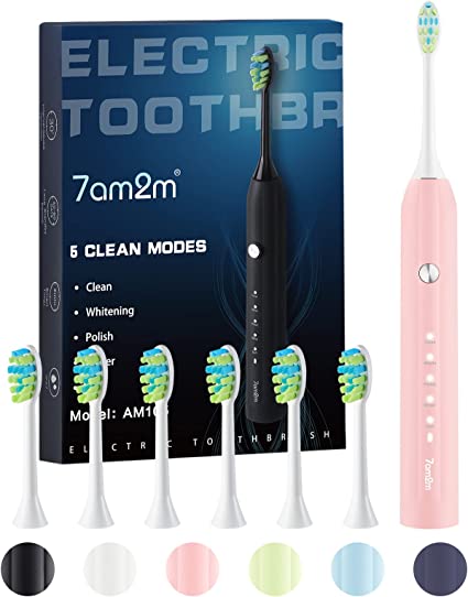 Photo 1 of 7AM2M Sonic Electric Toothbrush for Adults and Kids, Mothers Day Gifts from Daughter with 6 Brush Heads, 5 Modes with 2 Minutes Build in Smart Timer, Roman Column Handle Design (Pink)
