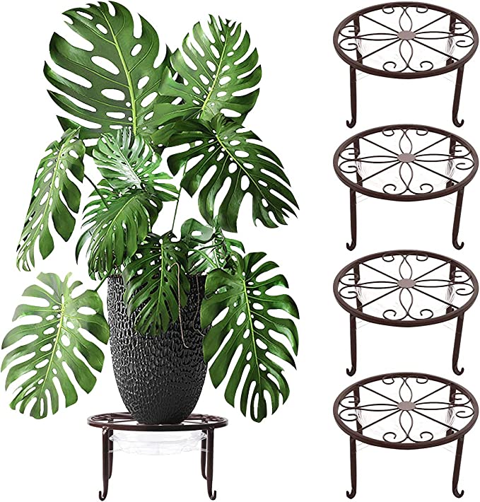 Photo 1 of 4 Packs Metal Plant Stand with Saucer for Outdoor Plant Stand with Indoor Plant Stand 9 inches Plant Stands for Indoor Plants, Bronze
