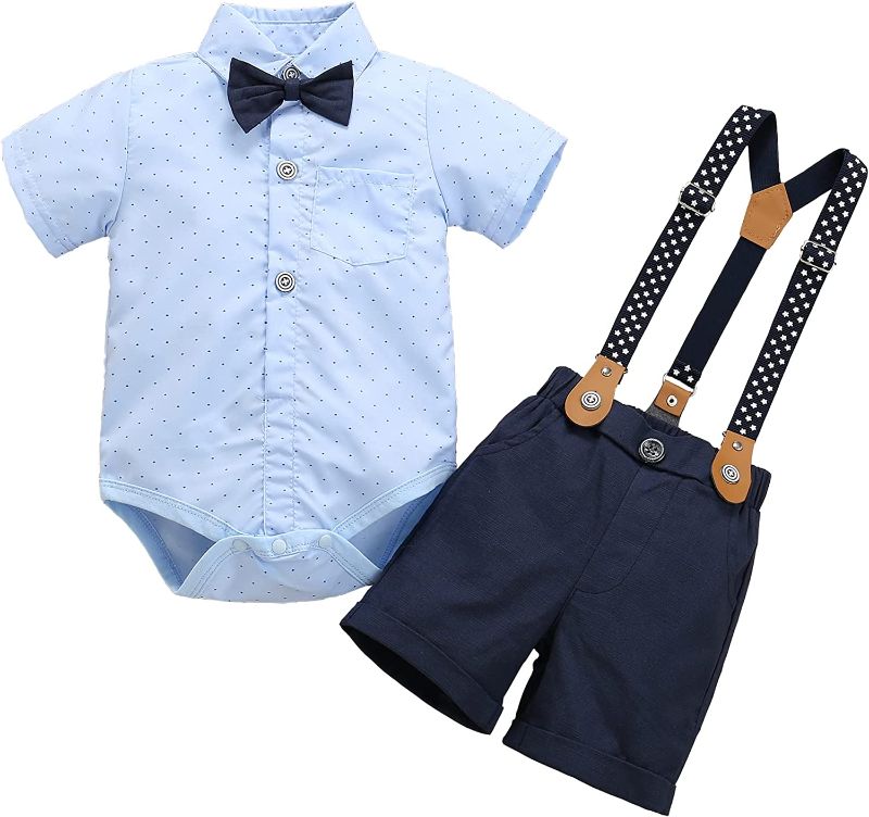 Photo 1 of Baby Toddler Boy Formal Gentleman Suits,Dress Short Shirt with Bowtie+Suspender Pants Dressy Outfit
(SIZE 6-9 months) 