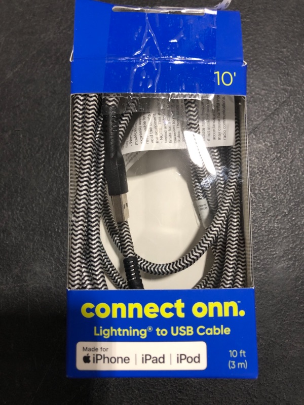 Photo 2 of Onn. 10' Lightning to USB Cable for iPhone/iPad/iPod, Black. NEW OPEN BOX.
