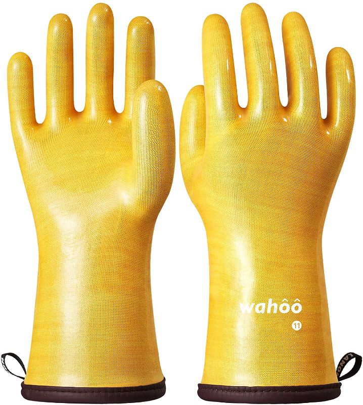 Photo 1 of LANON Heat Resistant Liquid Silicone Gloves, Oven Gloves with Fingers, Food Contact Grade, Waterproof, Yellow, Size 11
